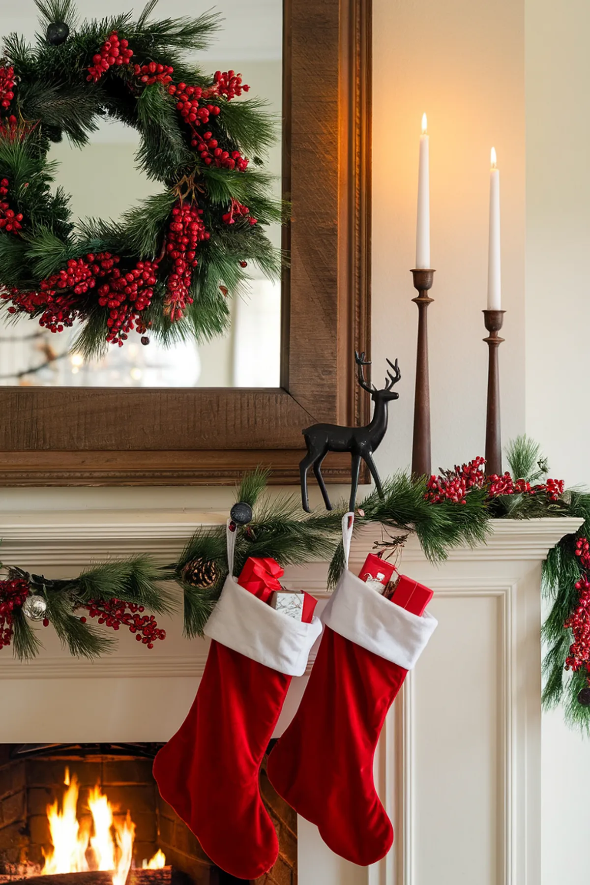 Festive indoor setting with a wreath, white fireplace, red stockings, and candles creating a cozy Christmas atmosphere.