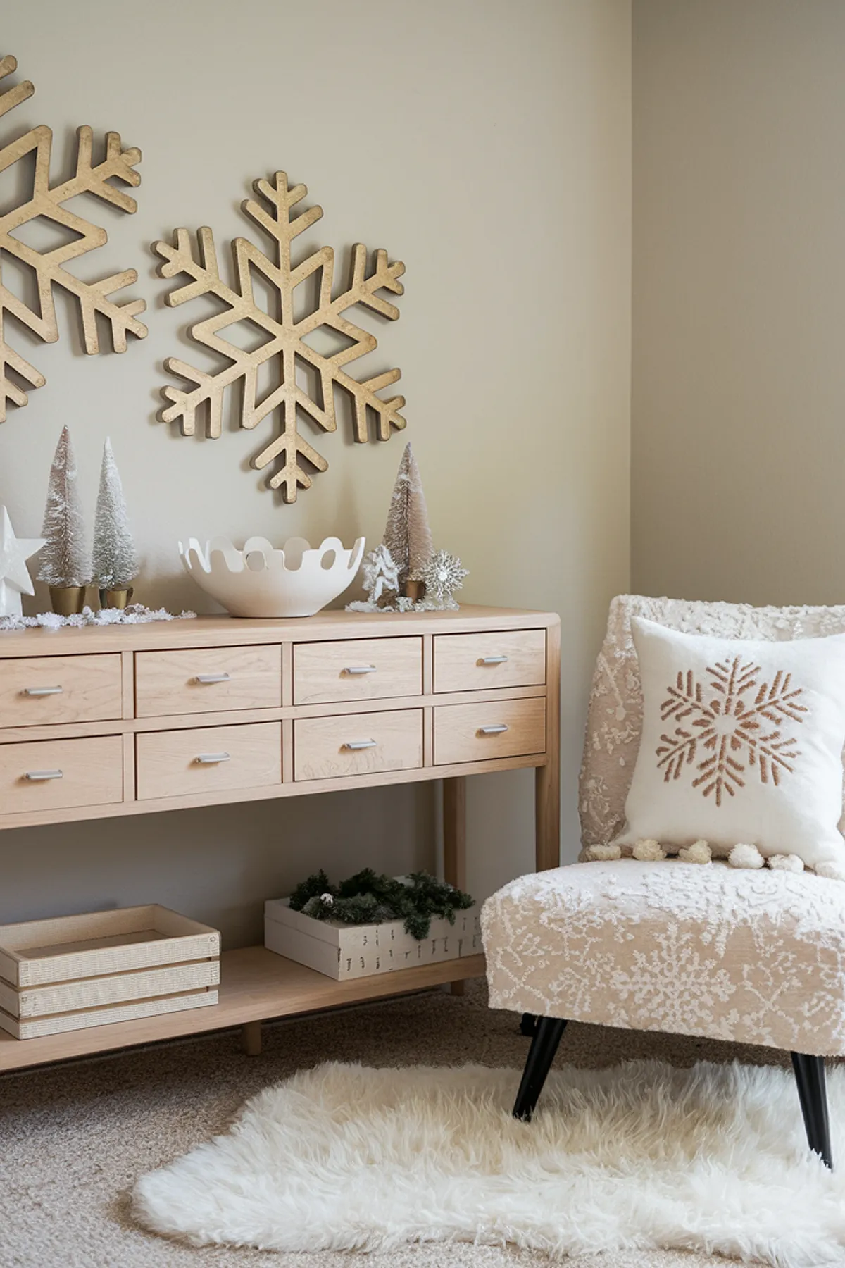 Neutral colored room featuring wooden snowflake decor, a console table with seasonal accents, and a chair on a fluffy rug.