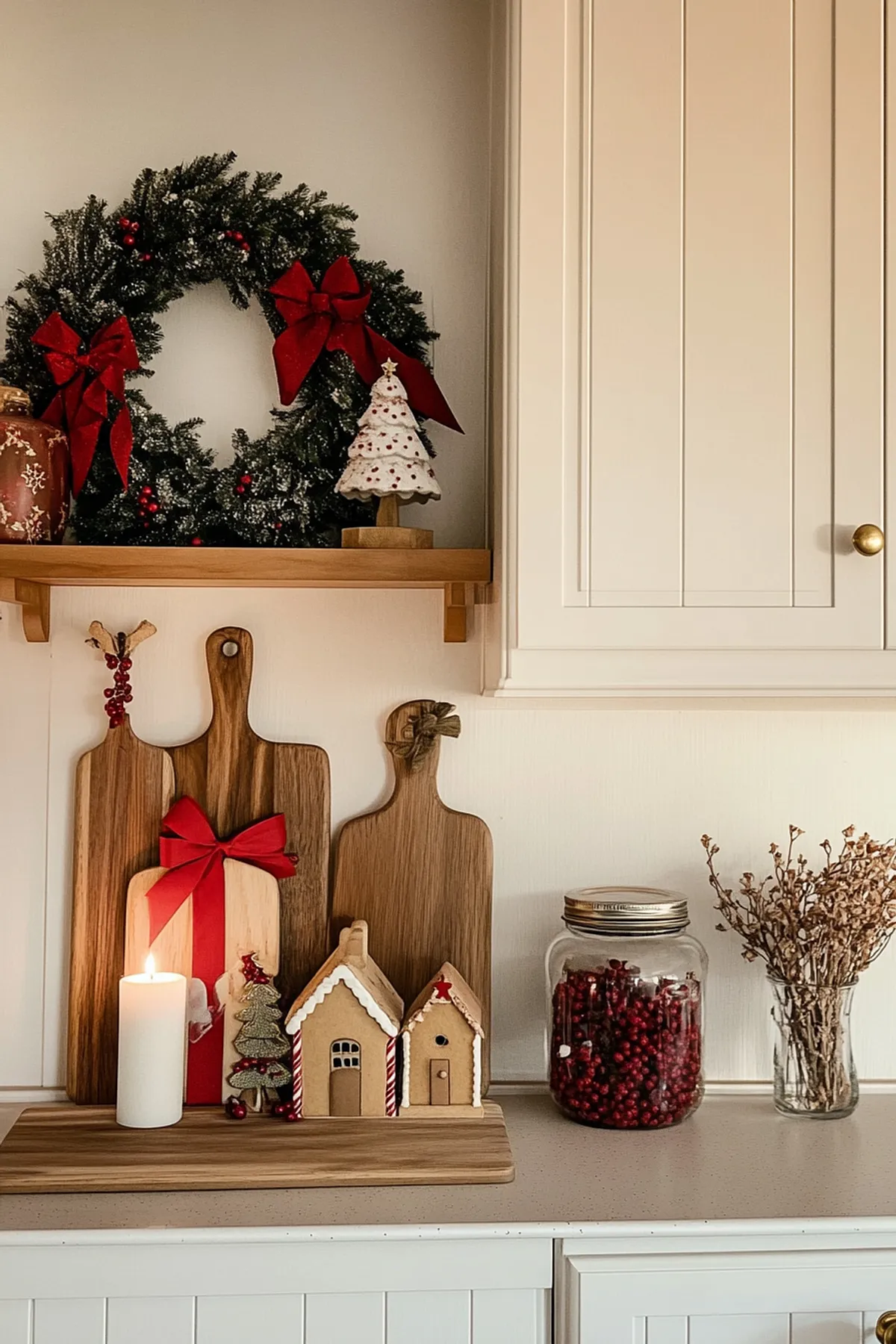 Festive kitchen with a wreath, wooden cutting boards, red berry jar, gingerbread house, and cozy decor against white cabinetry.