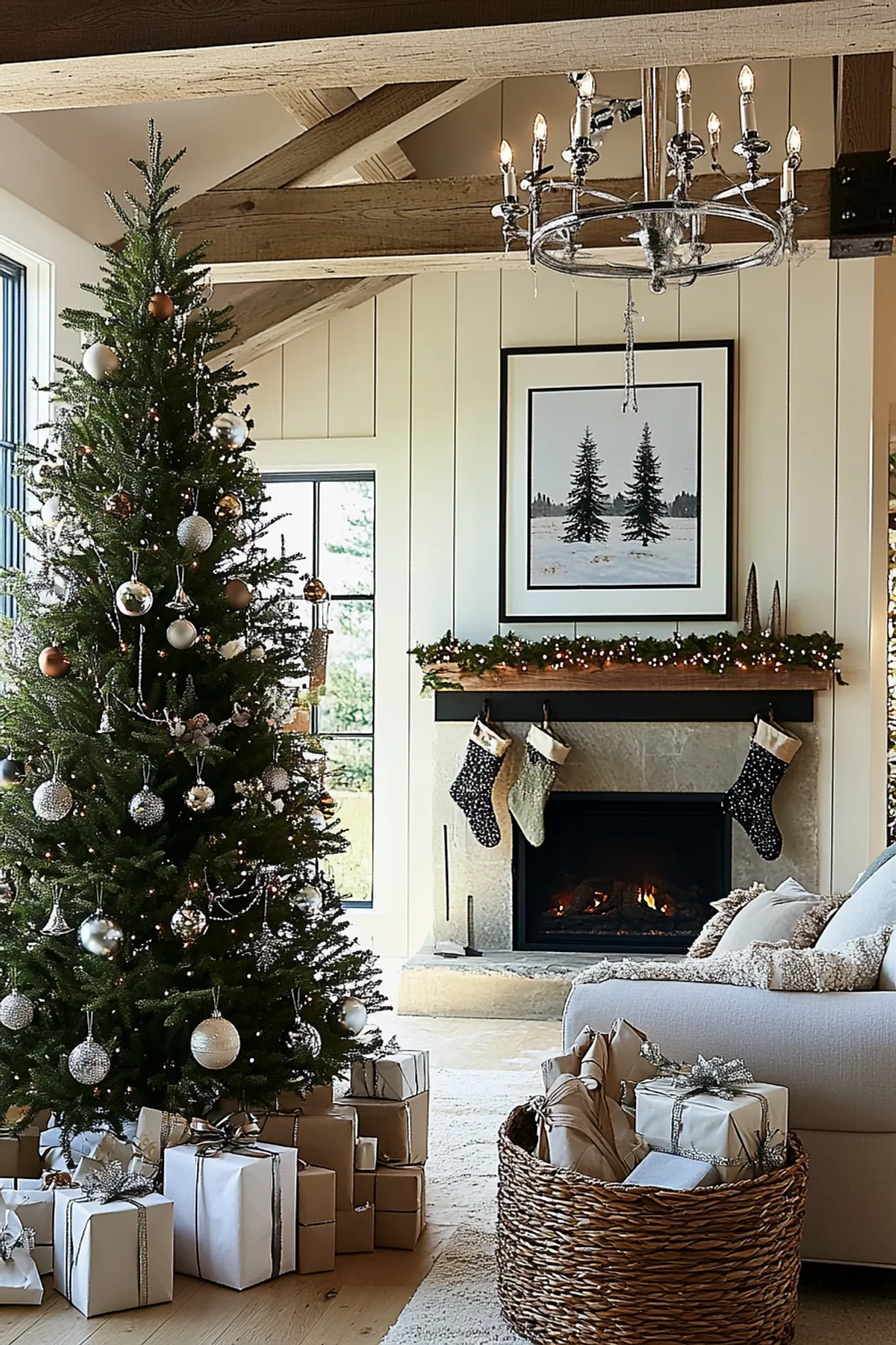 Cozy holiday living room featuring a decorated Christmas tree, fireplace, soft sofa with throw blanket, and rustic wooden beams.
