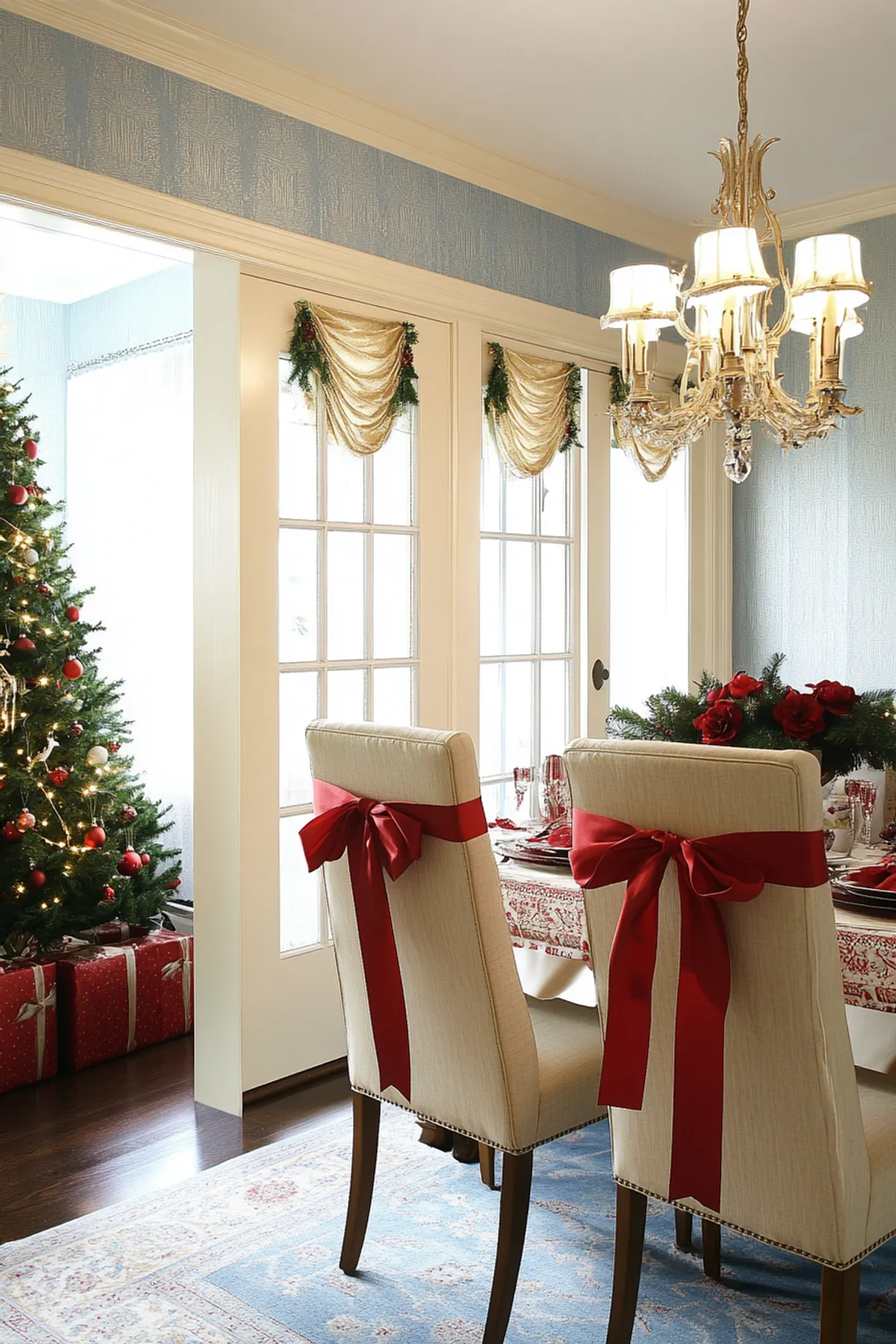 Elegant dining room with a decorated Christmas tree, chandelier, red table setting, and light blue walls enhancing the festive atmosphere.