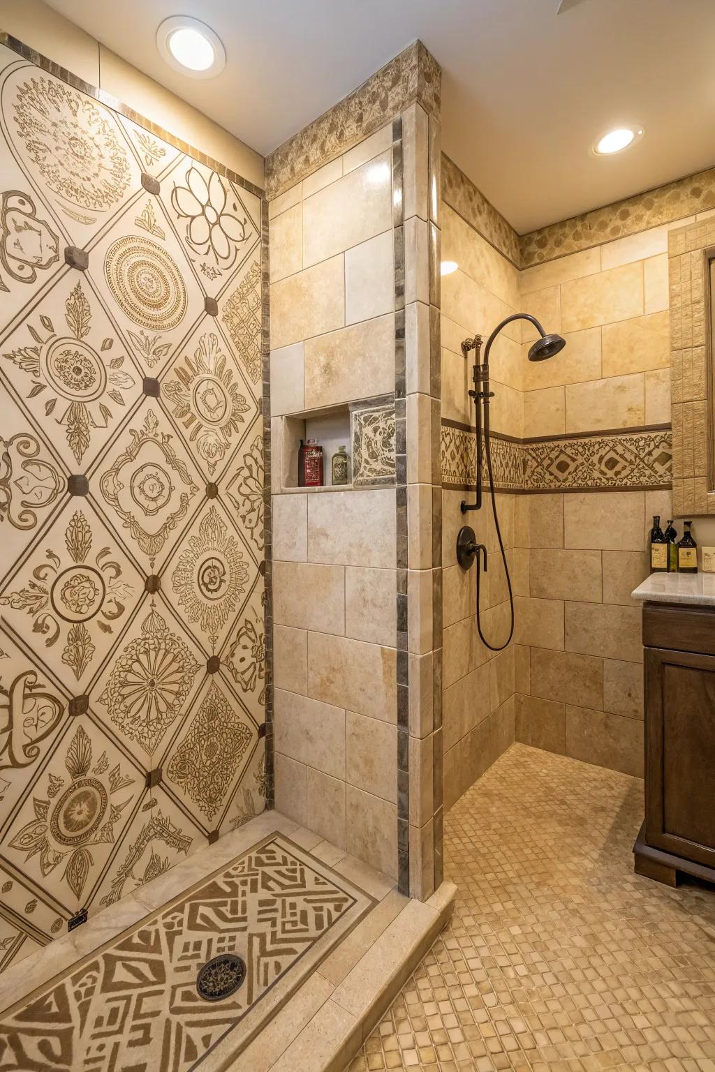 Patterned tiles bring a playful touch to a sand-toned shower.
