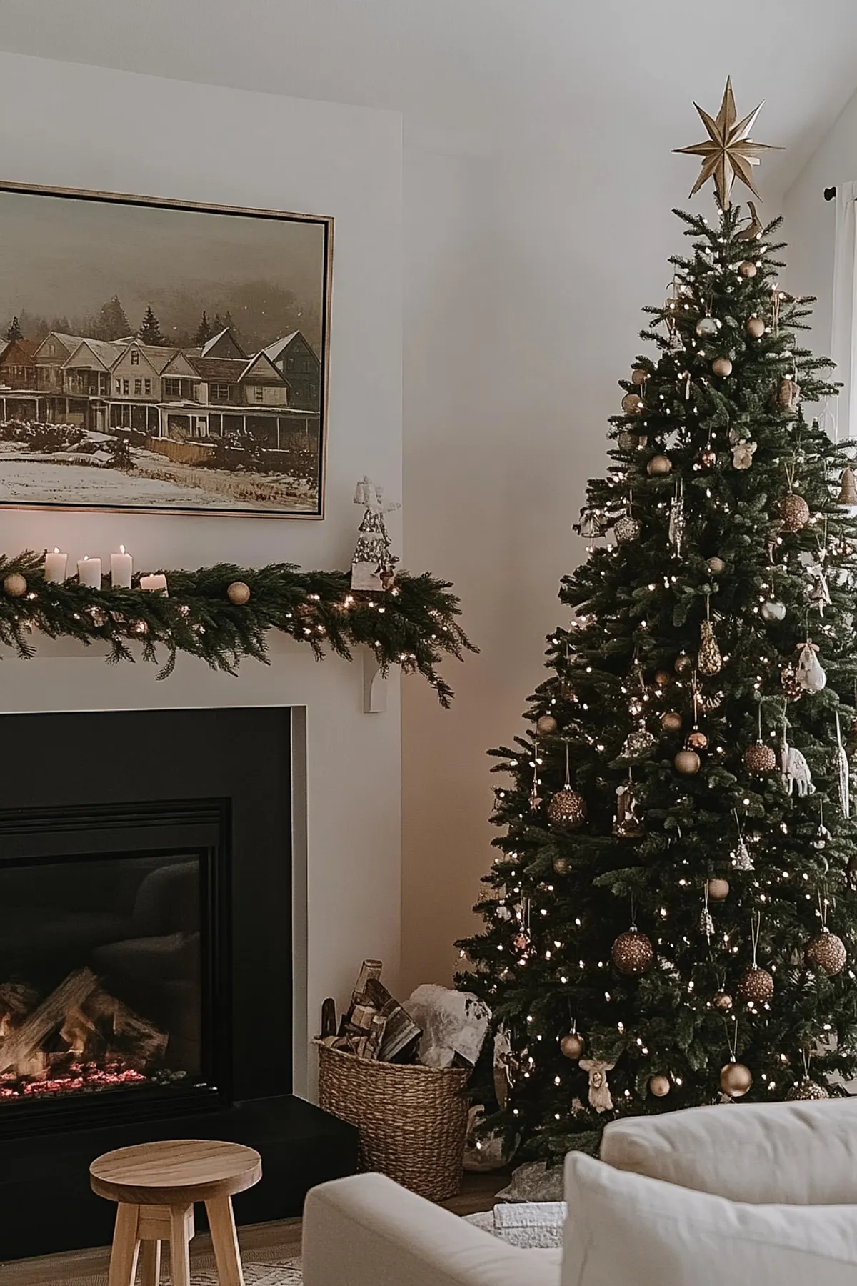 Cozy holiday living room featuring a decorated Christmas tree, modern fireplace, and warm ambient lighting creating an inviting atmosphere.