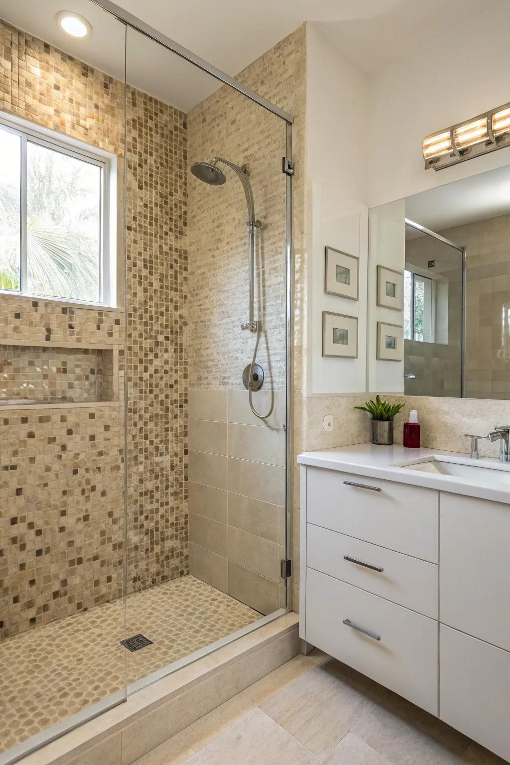 A mosaic highlight wall turns your shower into a masterpiece.
