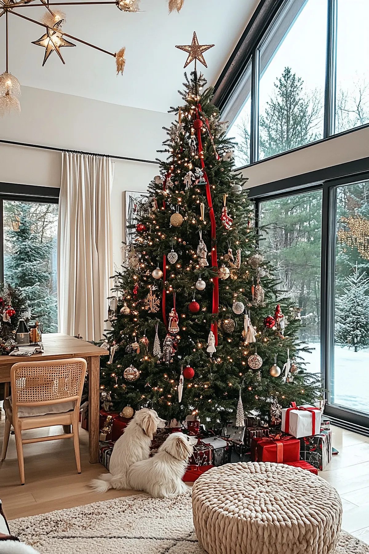 Cozy holiday living room featuring a decorated Christmas tree, fluffy dogs, natural light, and a unique star-shaped chandelier.
