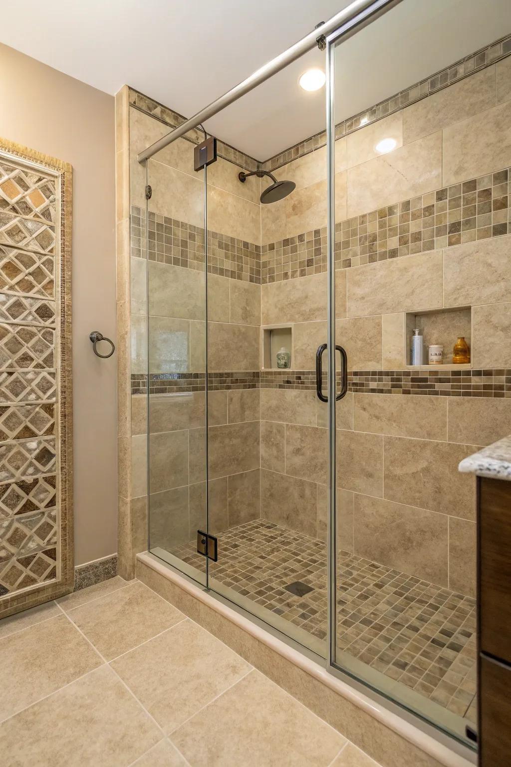 Combining textures enriches the depth and allure of your shower area.