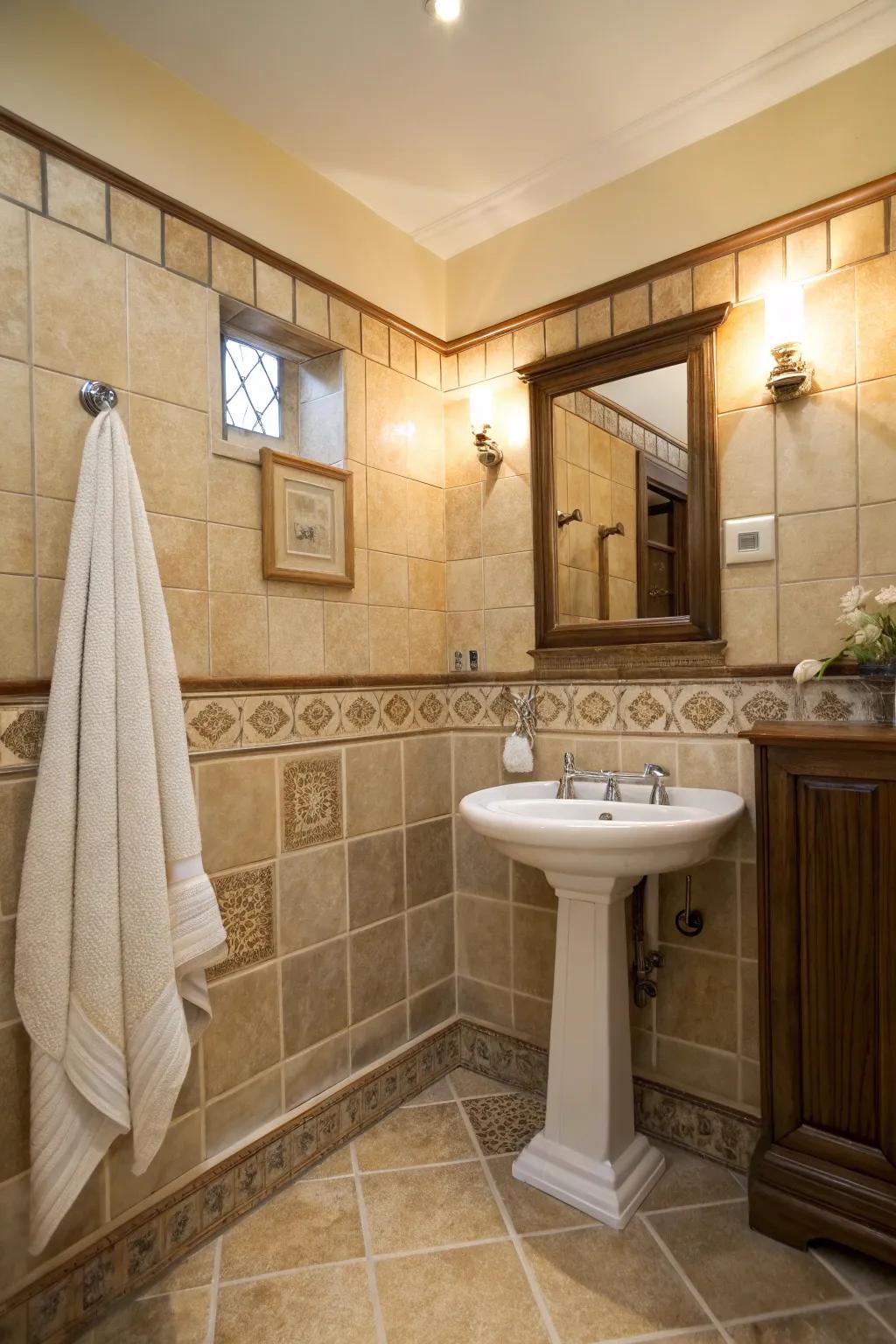 Tile wainscoting offers both functionality and charm.