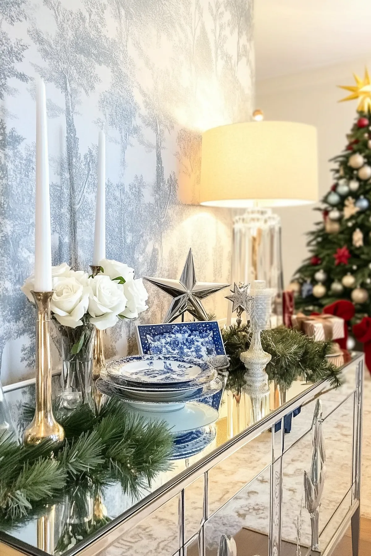 Elegant interior featuring a mirrored console table with white roses, candles, blue and white decor, and a festive Christmas tree.