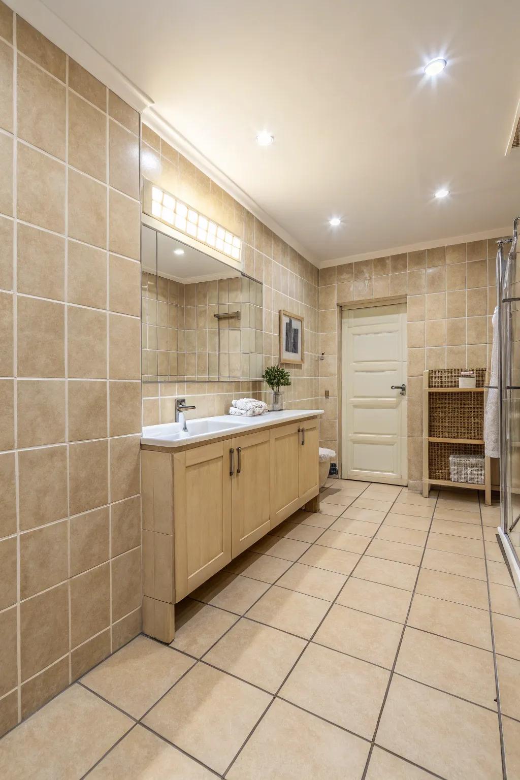 Achieve a harmonious retreat with a full sand-toned tile design.