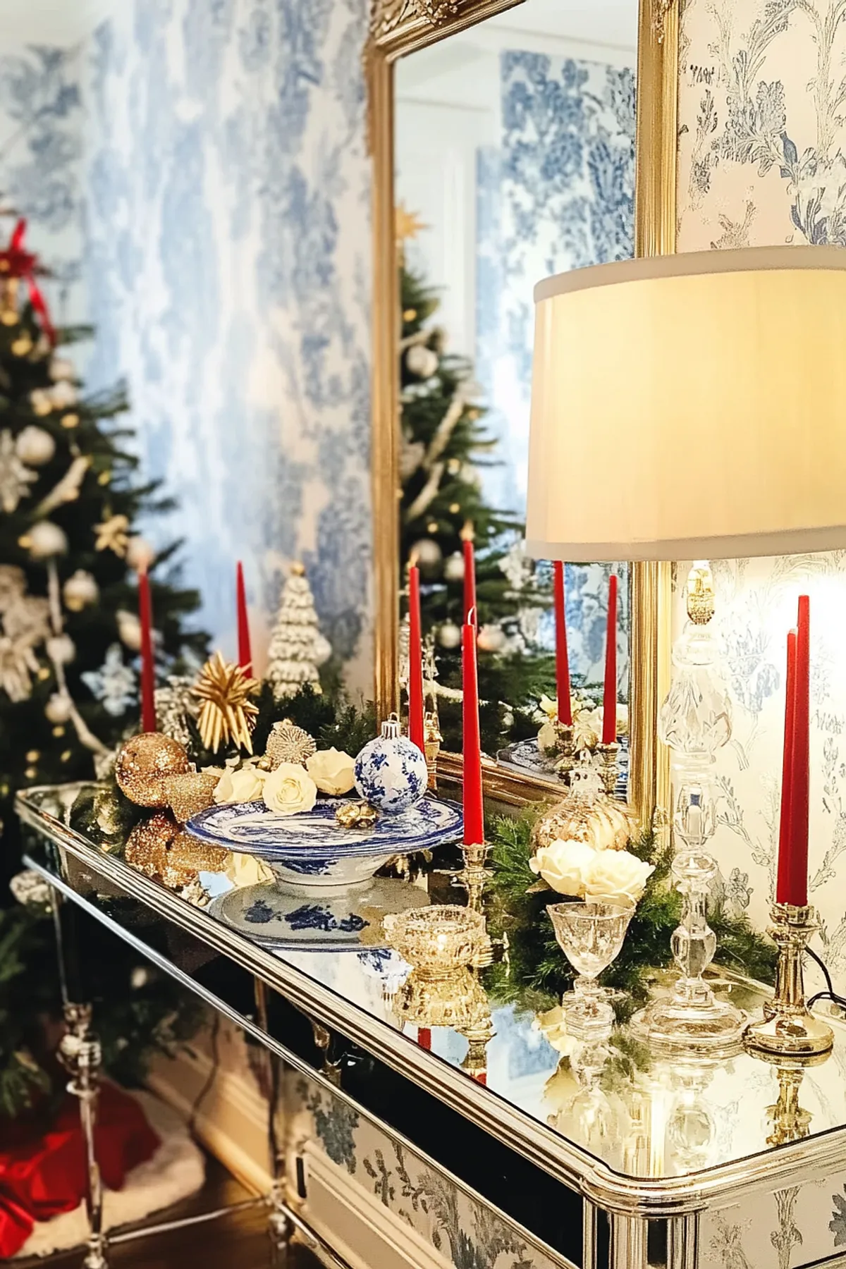 Elegant room featuring a mirrored console table, blue and white decor, candles, and a glimpse of a Christmas tree.