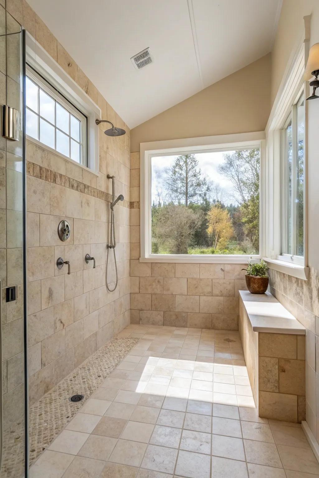 Light sand tiles amplify space and serenity.