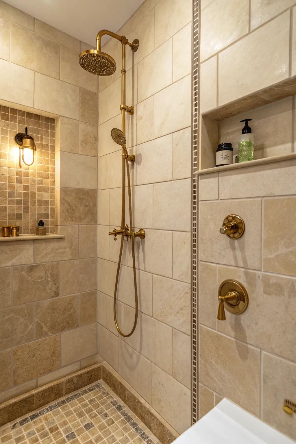 Brass fixtures elevate the elegance of sand-toned tiles.