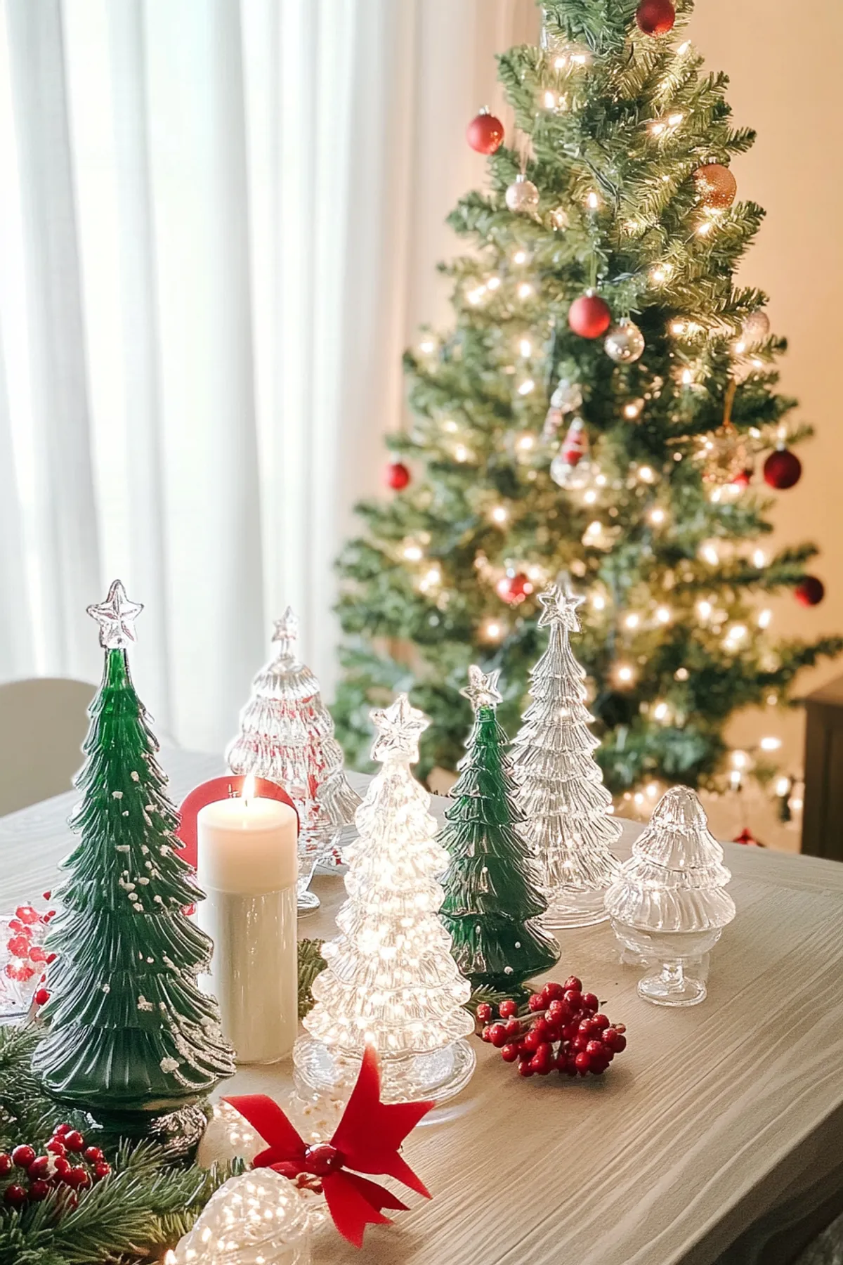 Festive scene with a decorated Christmas tree, glass figurines, candles, red berries, and pine branches on a wooden table.