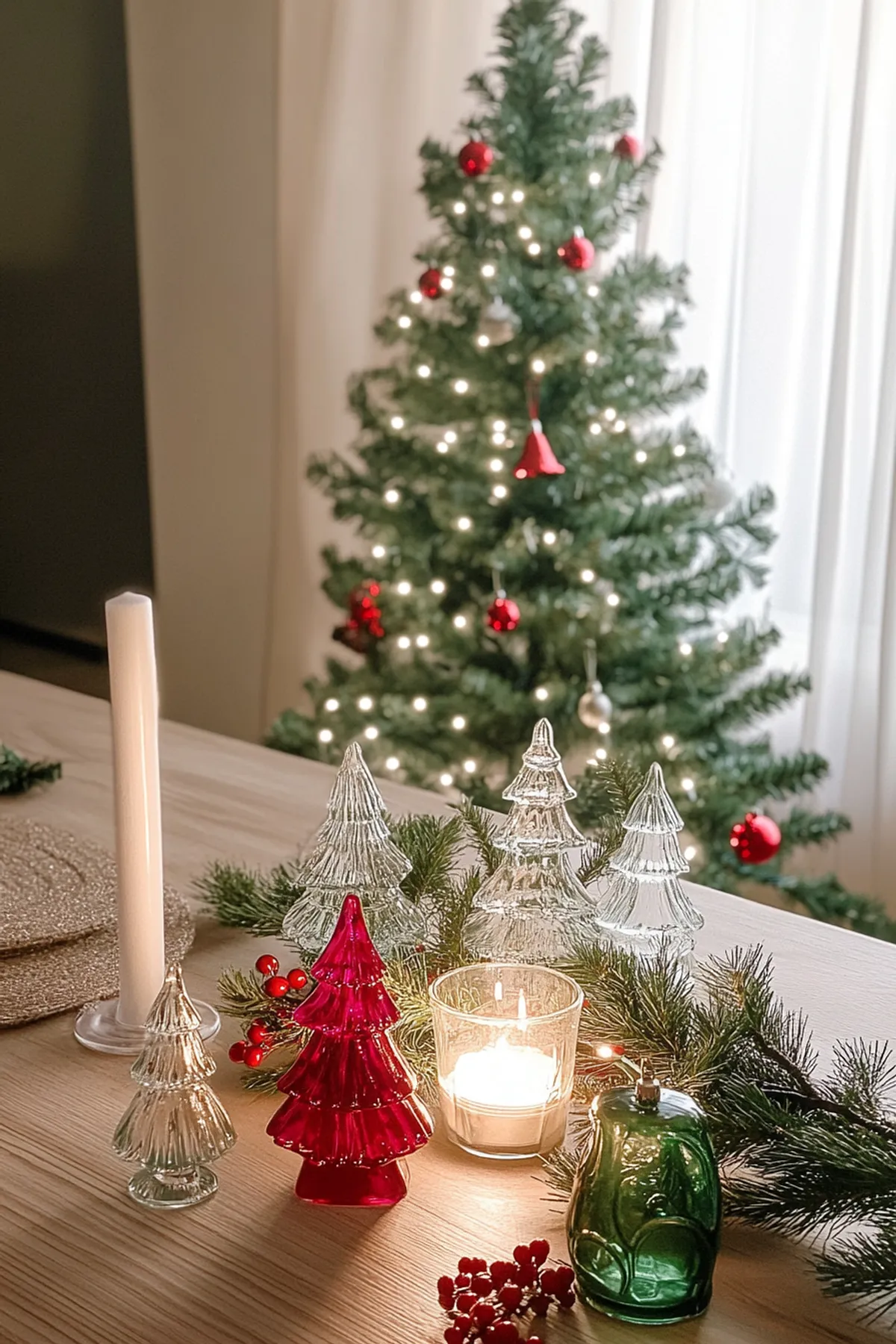 Festive indoor scene with a wooden table featuring glass trees, candle, pine branches, and a well-lit Christmas tree in the background.