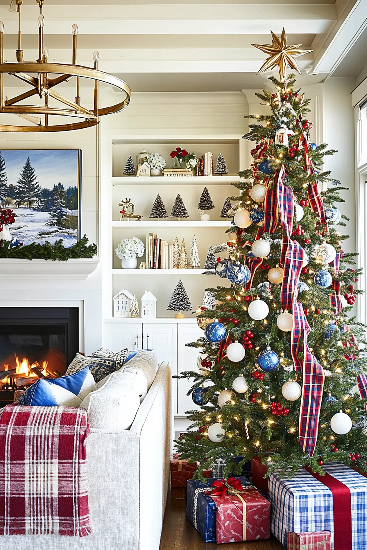 Cozy holiday living room with a decorated Christmas tree, checkered blanket, fireplace, and festive decor on shelves.
