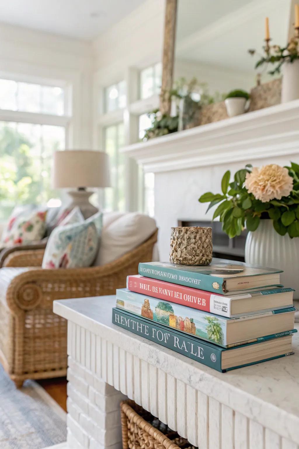 Books can introduce height and interest to your summer mantel.