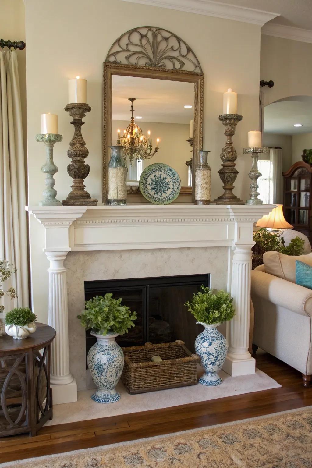 Balanced arrangements craft a harmonious aesthetic for your mantel.