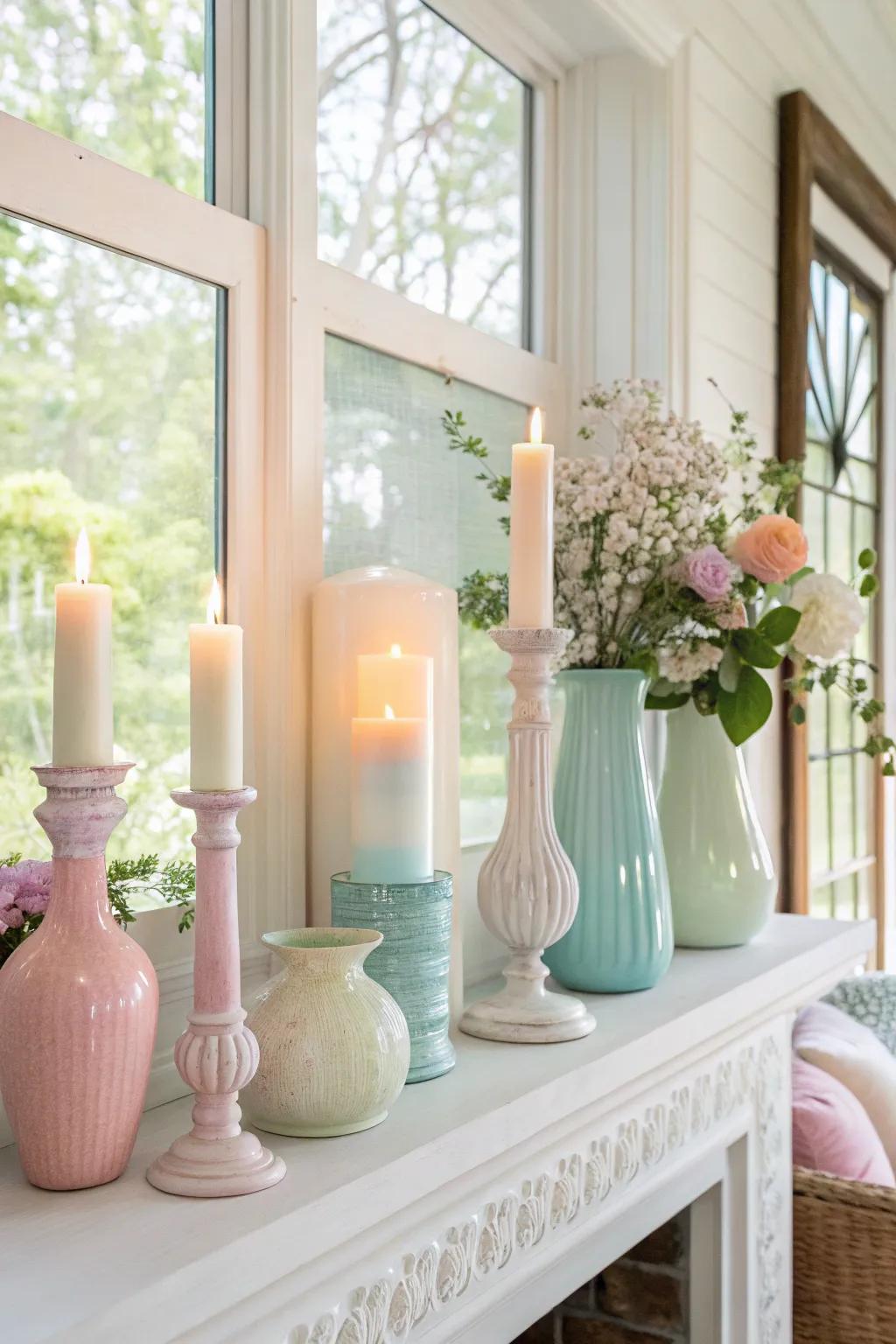 Pastel tones contribute a subtle summery feel to your mantel decor.