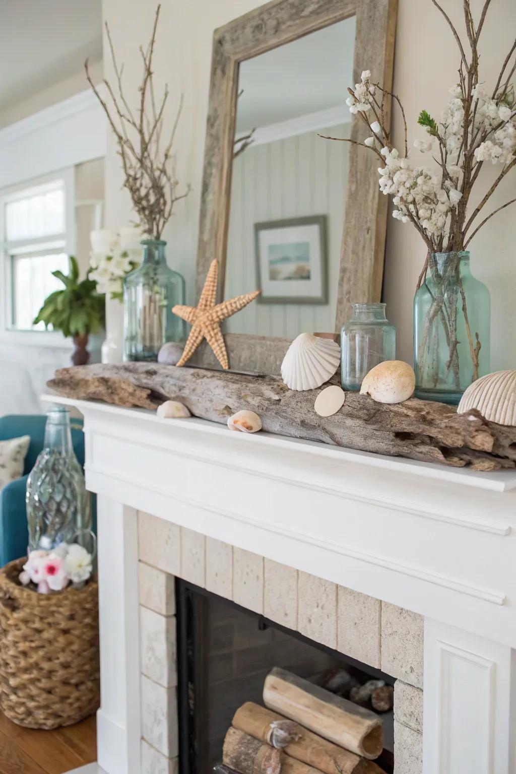 Conjure a coastal vibe by adorning your mantel with seashells and weathered wood.