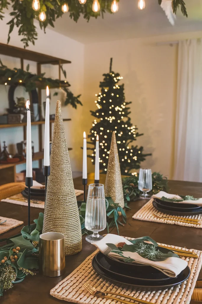 Cozy dining room with black plates, golden cutlery, candles, greenery, and a twinkling Christmas tree for festive decor.
