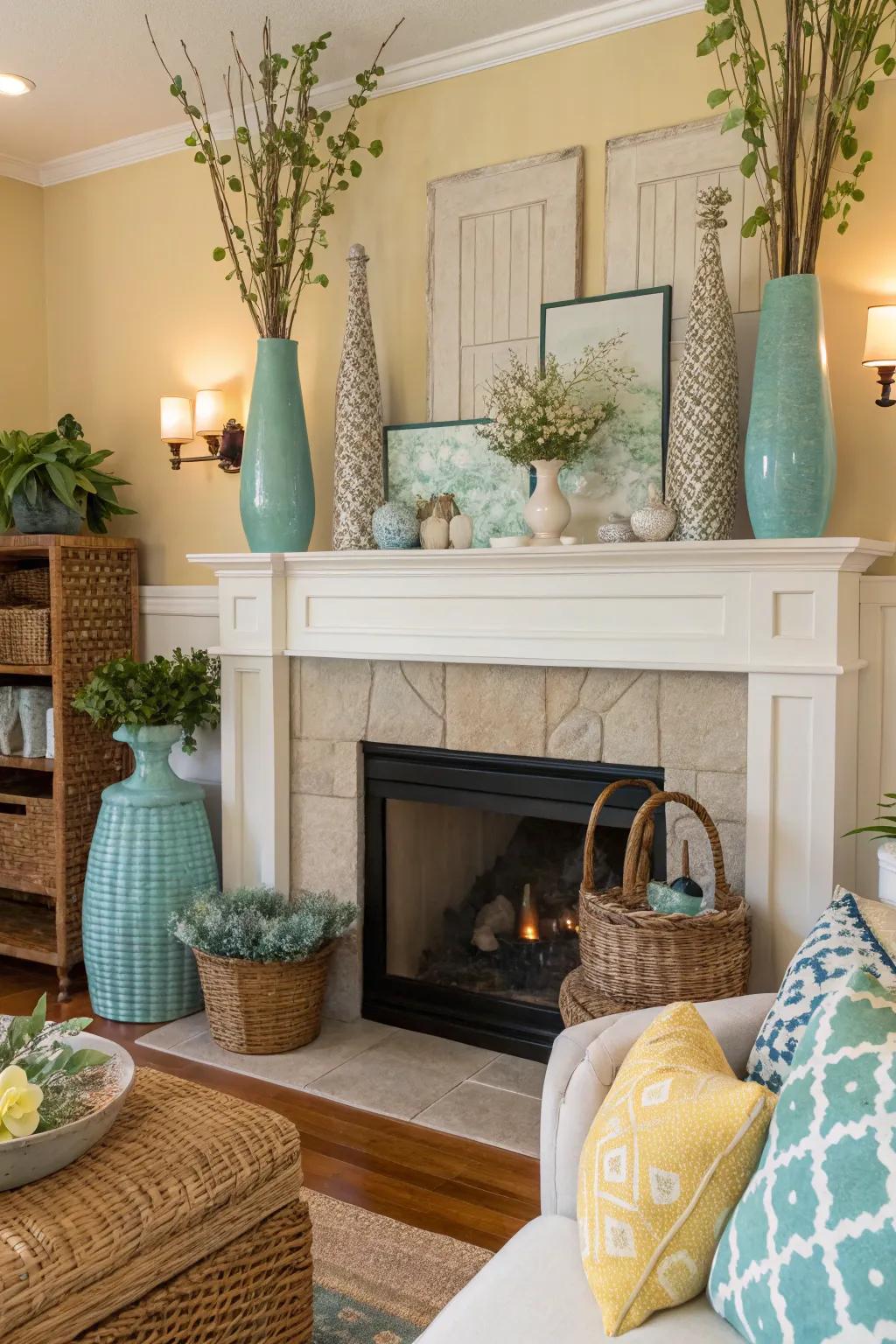 Playing with proportions crafts a dynamic and interesting mantel display.