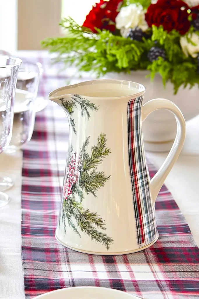 Festive table setting with a ceramic pitcher, plaid runner, and a bouquet of red roses and white flowers.