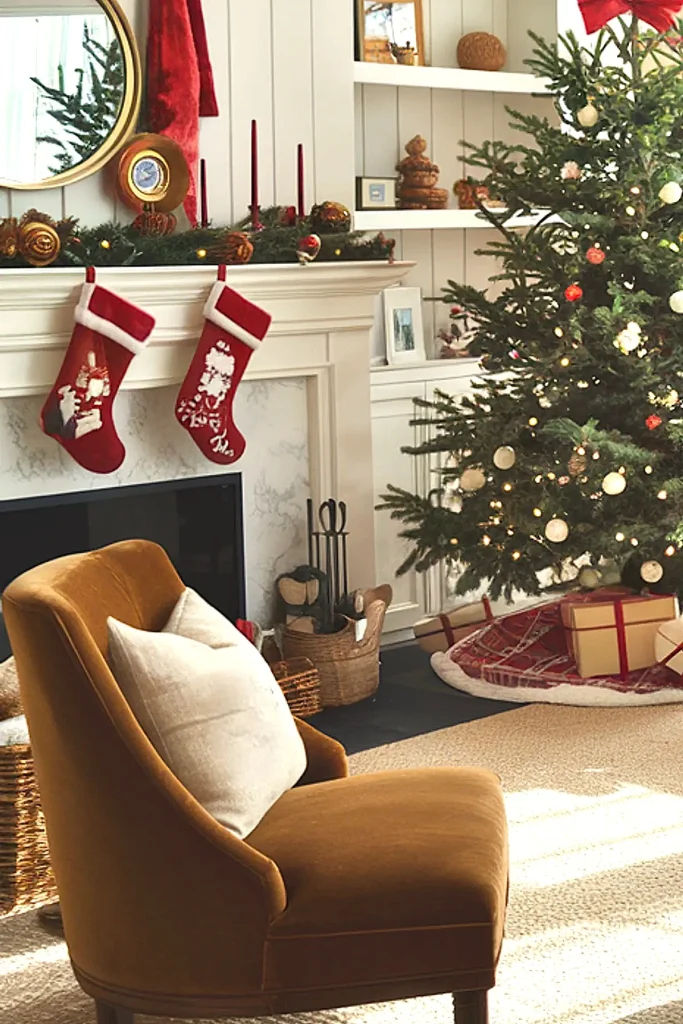 Cozy holiday living room featuring a decorated Christmas tree, fireplace with stockings, and a soft brown chair
