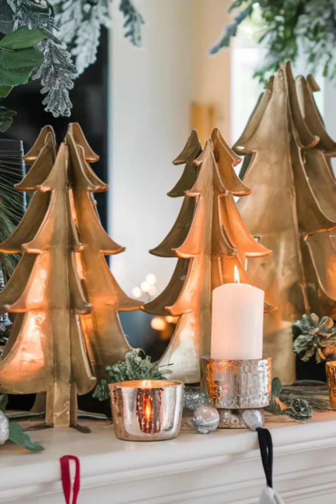 Festive indoor setting with metallic Christmas trees, candles, and greenery against a bright window view.