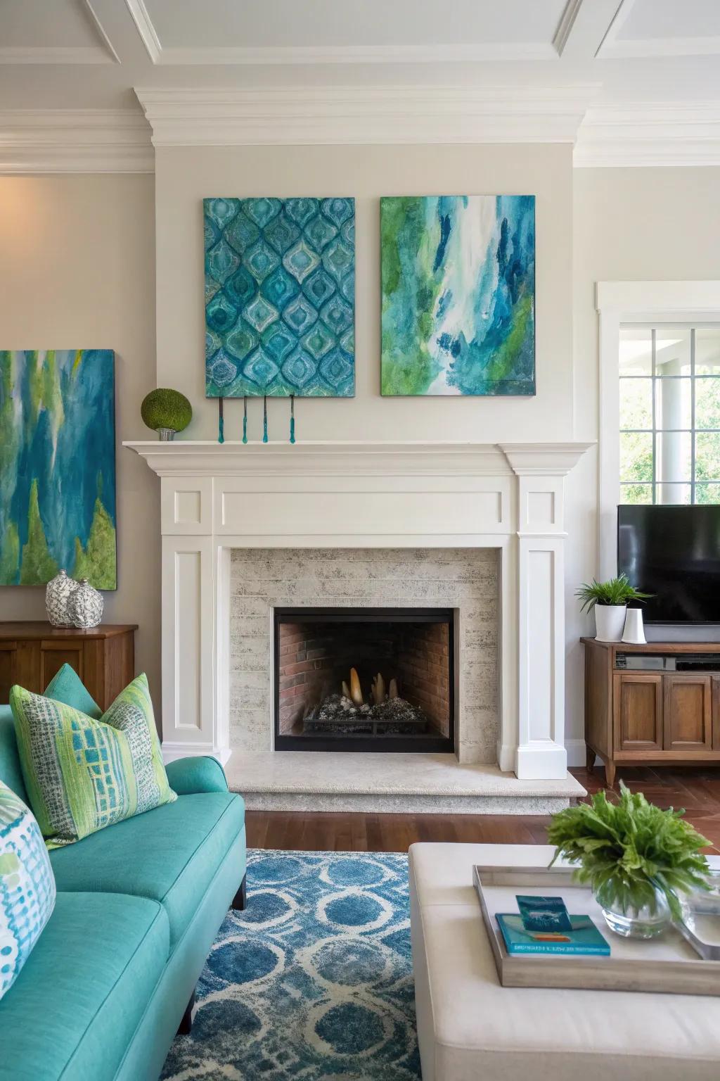 Artwork in summery shades introduces an artistic flair to your mantel.