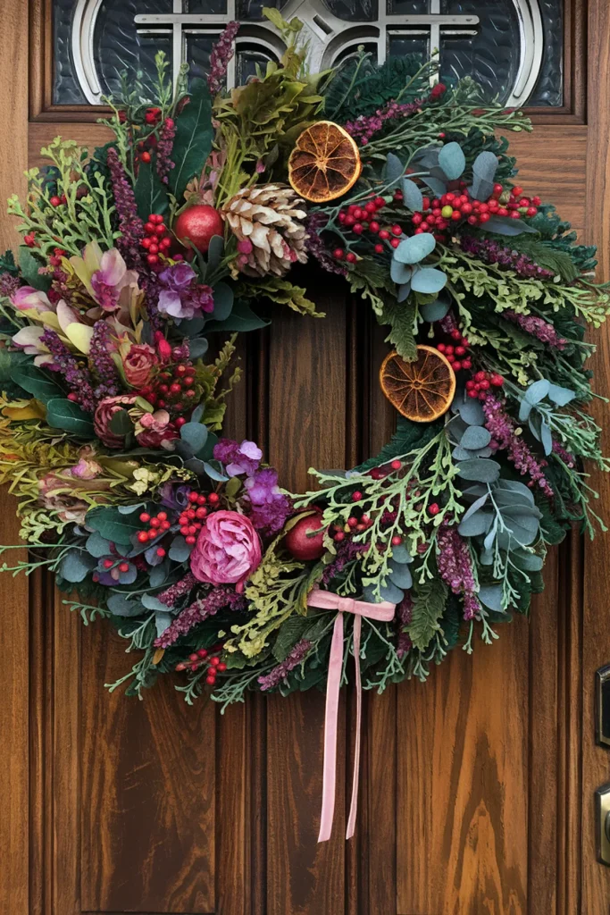 Beautiful wreath with flowers and greenery on a wooden door, accented by dried orange slices and a pink ribbon.