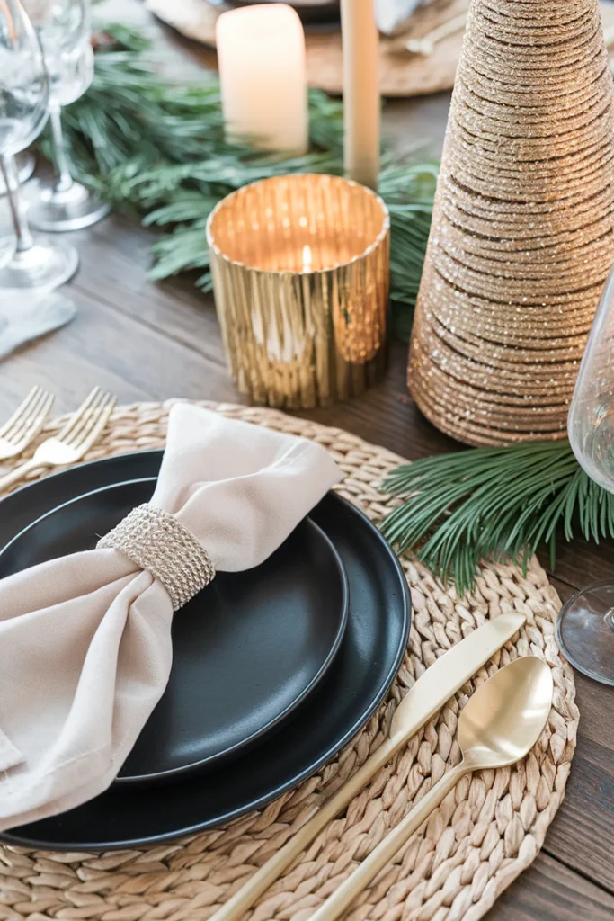 Meticulously set dining table with black plates, golden cutlery, candles, pine branches, and a sparkling gold tree decoration.
