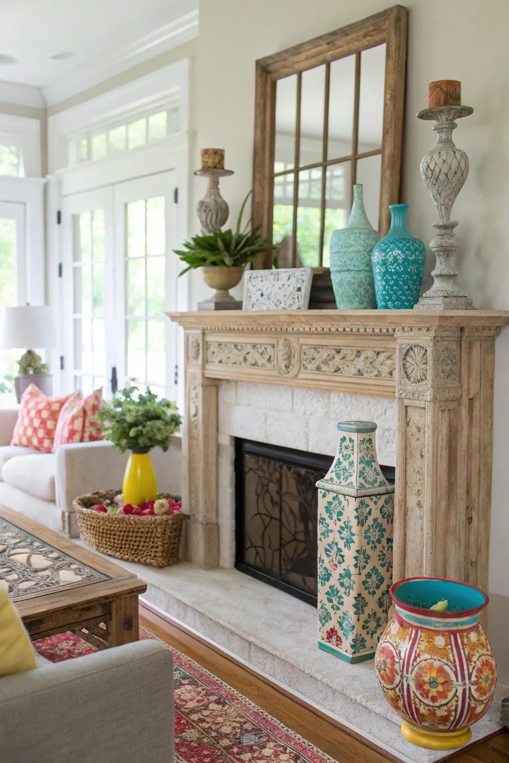 An eclectic collection introduces personality to your summer mantel.