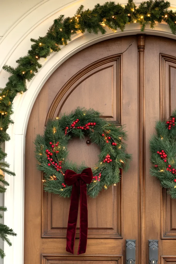 Wooden door with symmetrical wreaths, greenery, red berries, and velvet bows, topped with a garland of lights.