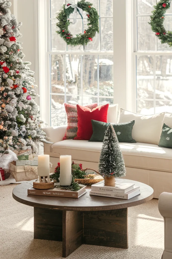 Cozy holiday living room with a flocked tree, wreaths, candles, and a view of snowy trees outside.