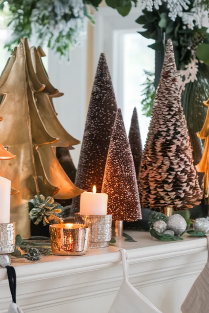 Christmas mantel decorated with gold and glittery bottle brush trees, glowing candles in metallic holders, greenery, and silver ornaments, creating a warm and festive holiday ambiance