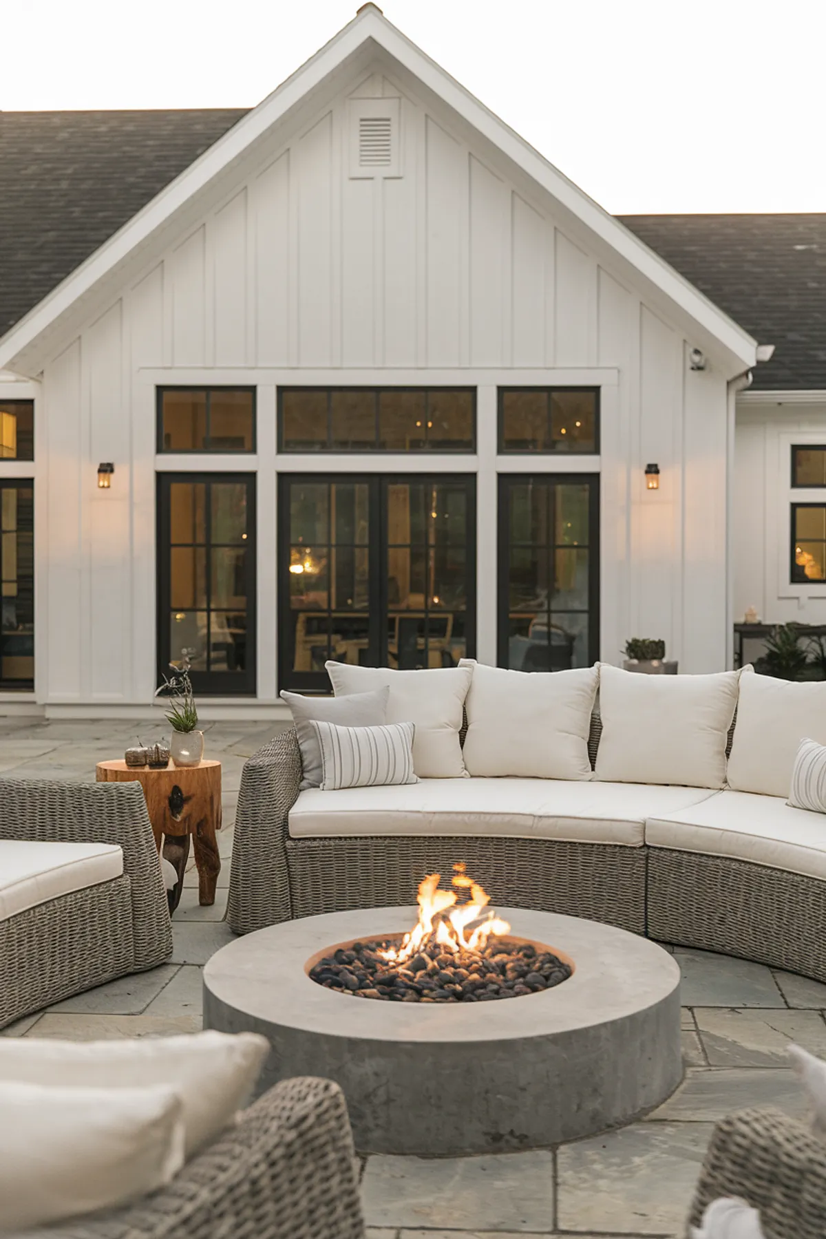 Outdoor seating area with wicker sofa, chairs, and a fire pit, against a modern house with large windows.