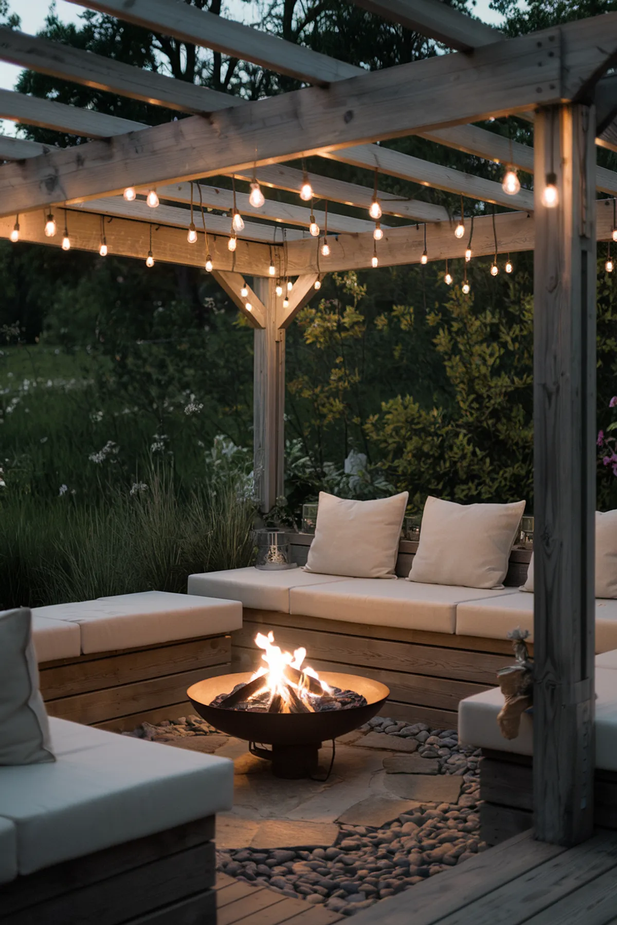 Cozy outdoor seating under a wooden pergola with hanging lights, plush cushions, and a fire pit.