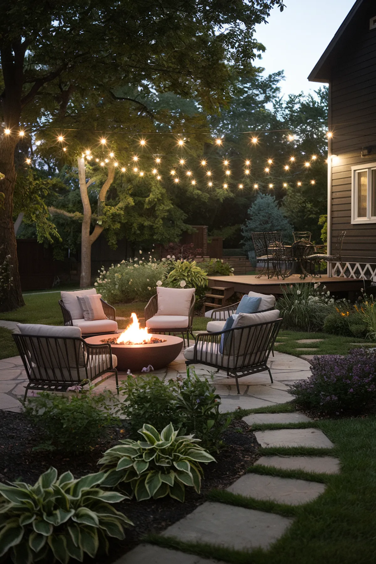 Serene outdoor patio with fire pit, chairs under string lights, surrounded by lush plants and a stone pathway.