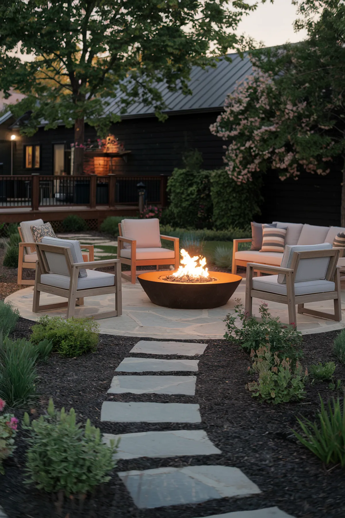 Outdoor evening seating with a fire pit, wooden chairs, sofas on a stone pathway by a house with dark exterior.