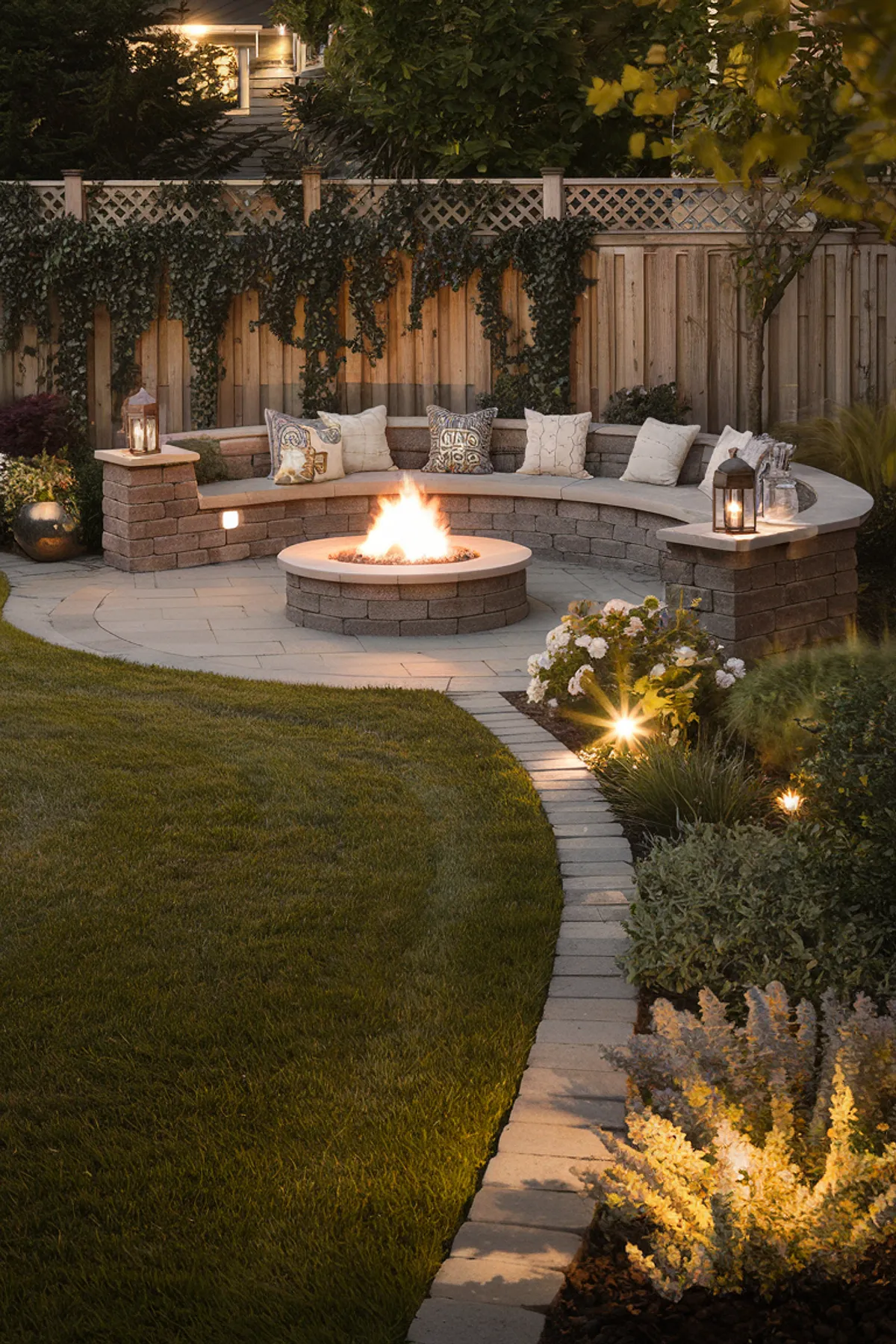 Backyard evening scene with a fire pit, cushioned seating area, surrounded by plants and a wooden lattice fence.