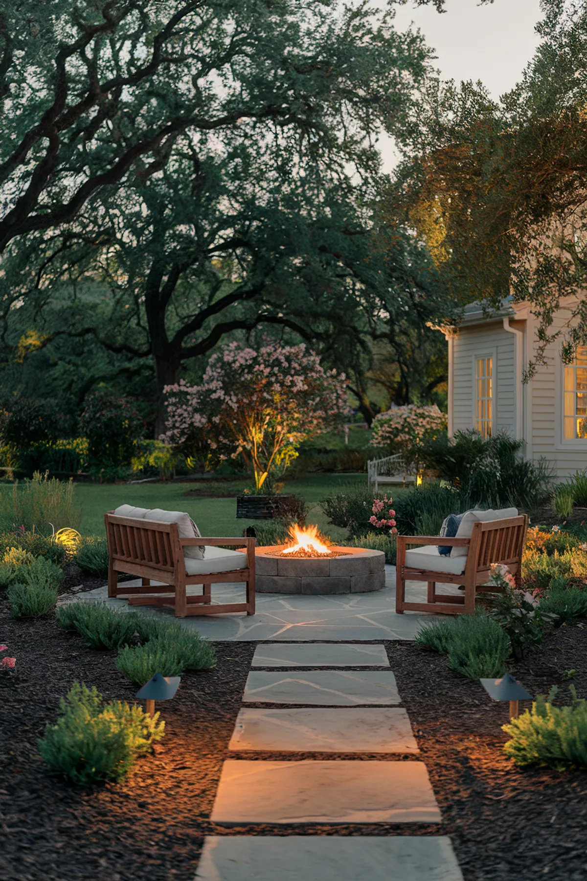 Serene outdoor setting with a lit fire pit, wooden benches, stone pathway, and a white house in the background.