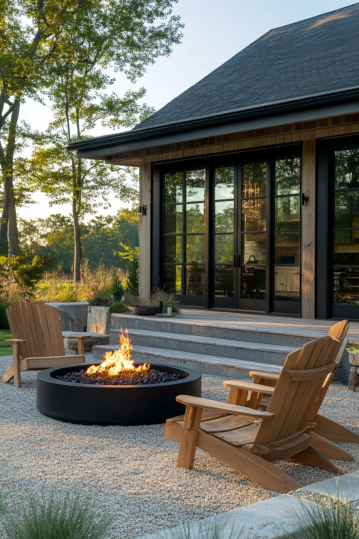 Outdoor gravel patio with wooden Adirondack chairs around a lit circular fire pit, surrounded by lush greenery and a modern house.