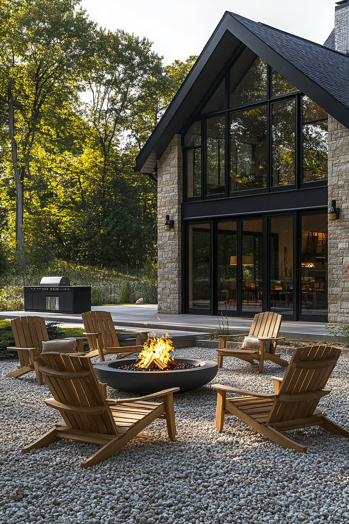 Modern house with large glass windows surrounded by trees, patio with wooden chairs around a fire pit and grill.