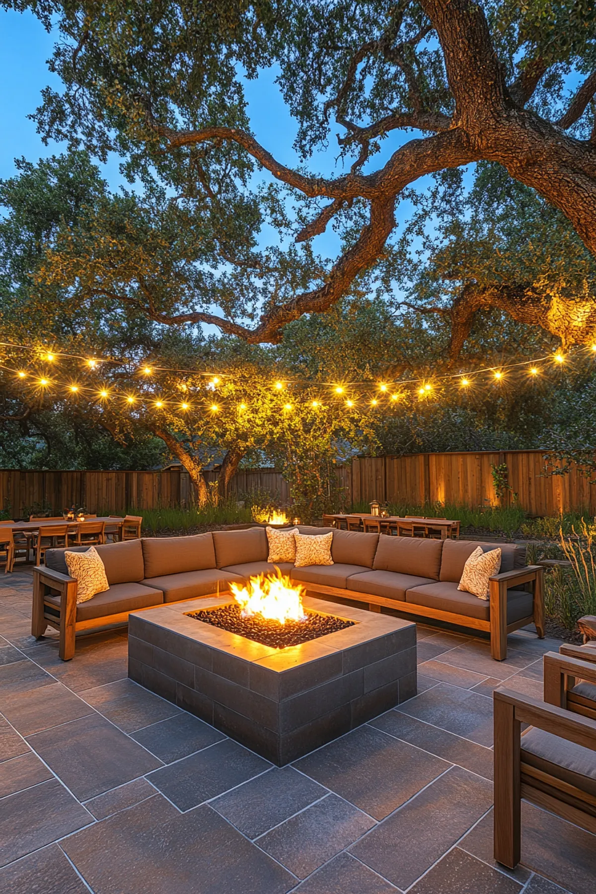 Evening outdoor seating with a large tree lit by string lights, L-shaped sofa, patterned cushions, and a roaring fire pit.