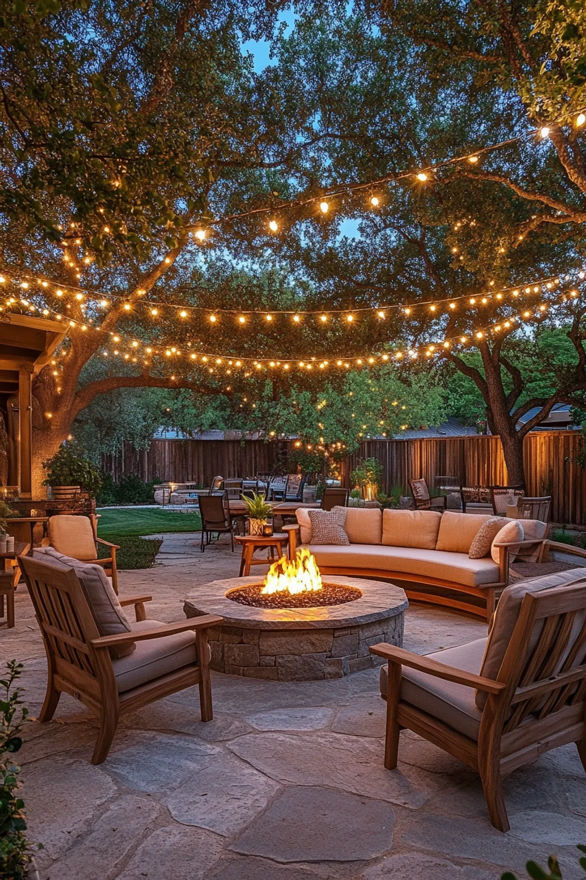 Outdoor evening setting with a circular stone fire pit, wooden chairs, plush sofa, and lights draped across trees.