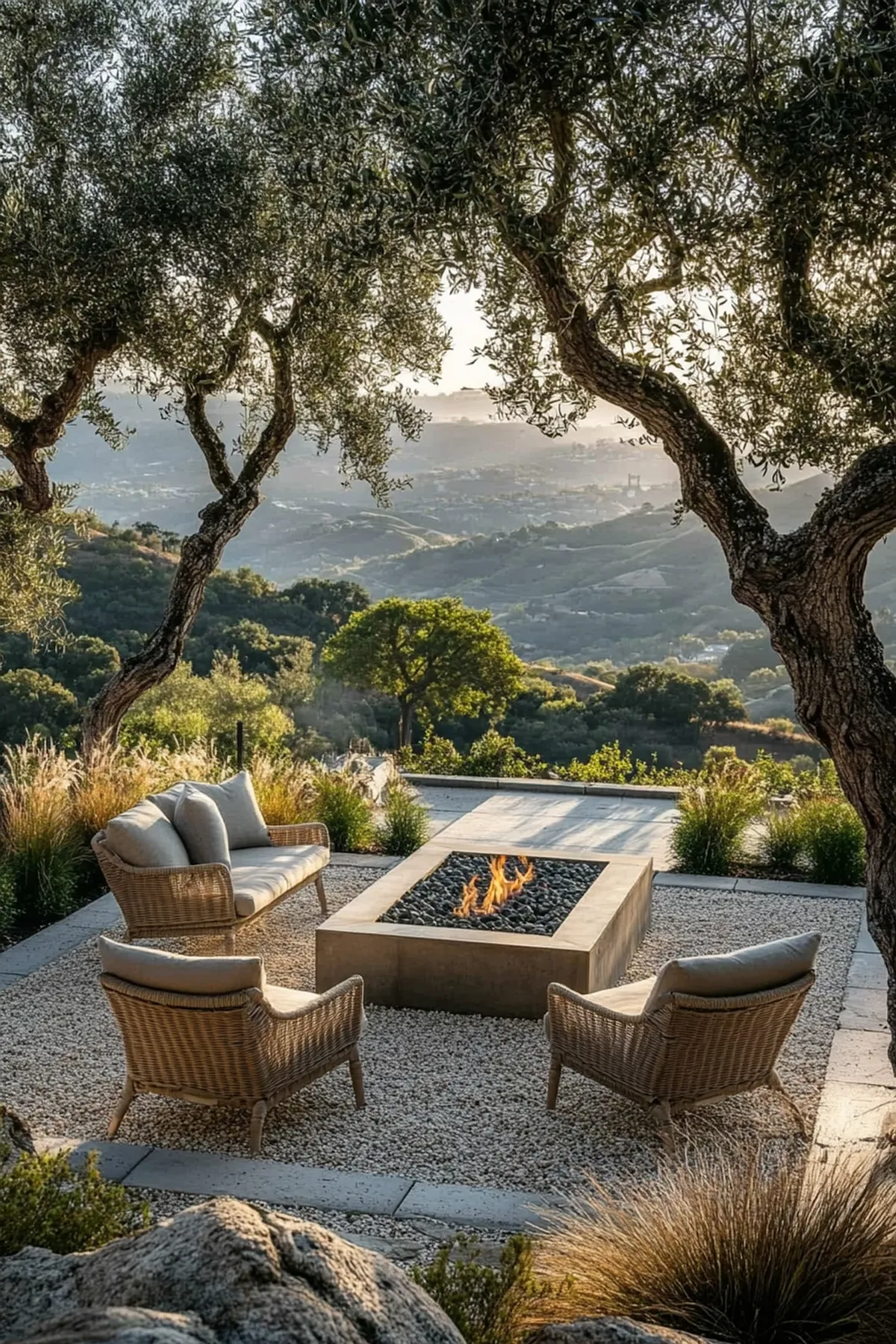 Serene outdoor setting with a rectangular fire pit, wicker chairs on gravel, surrounded by olive trees and rolling hills.