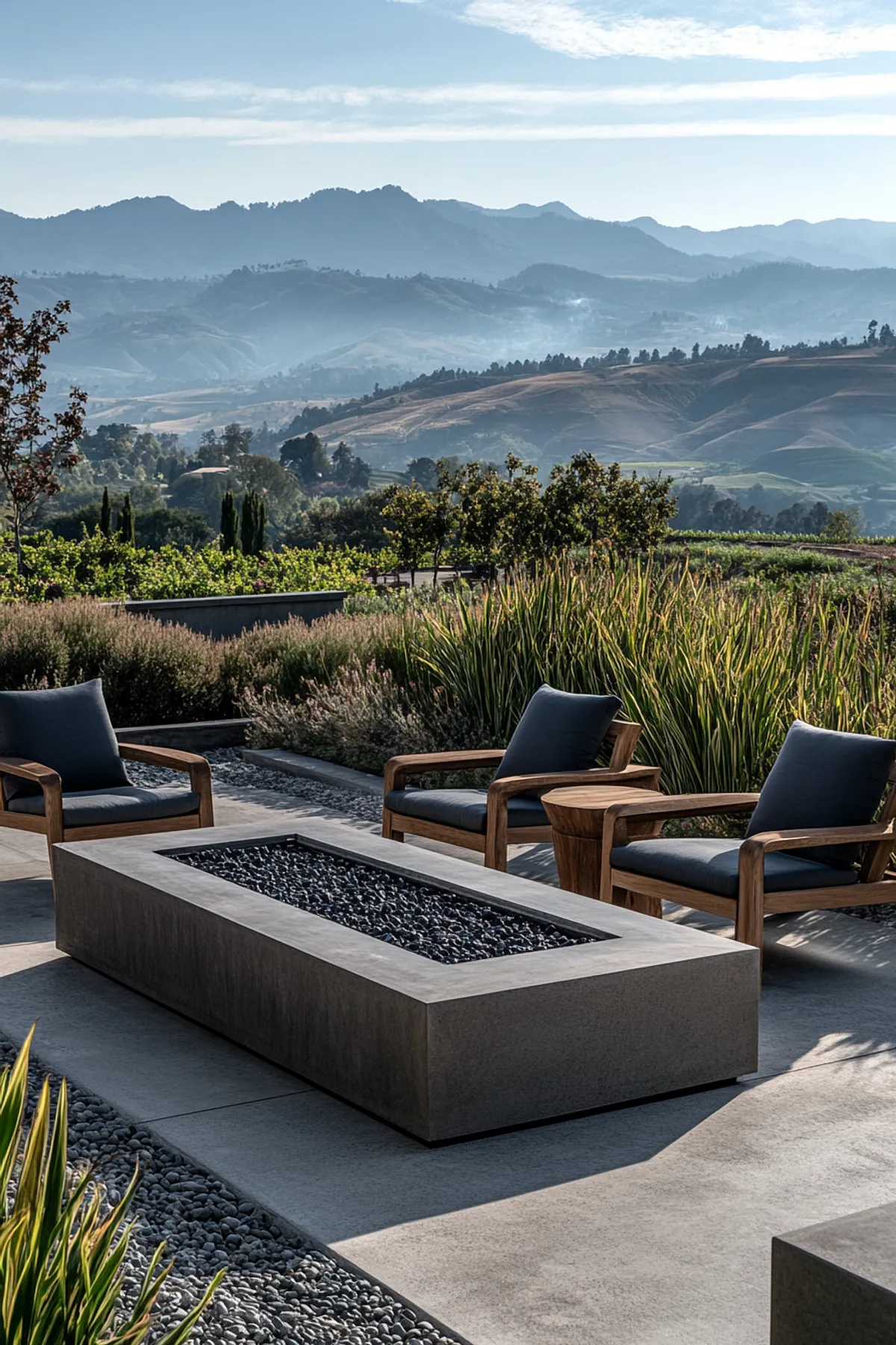 Outdoor setting with rectangular concrete table, wooden lounge chairs, and lush plants, overlooking rolling hills.