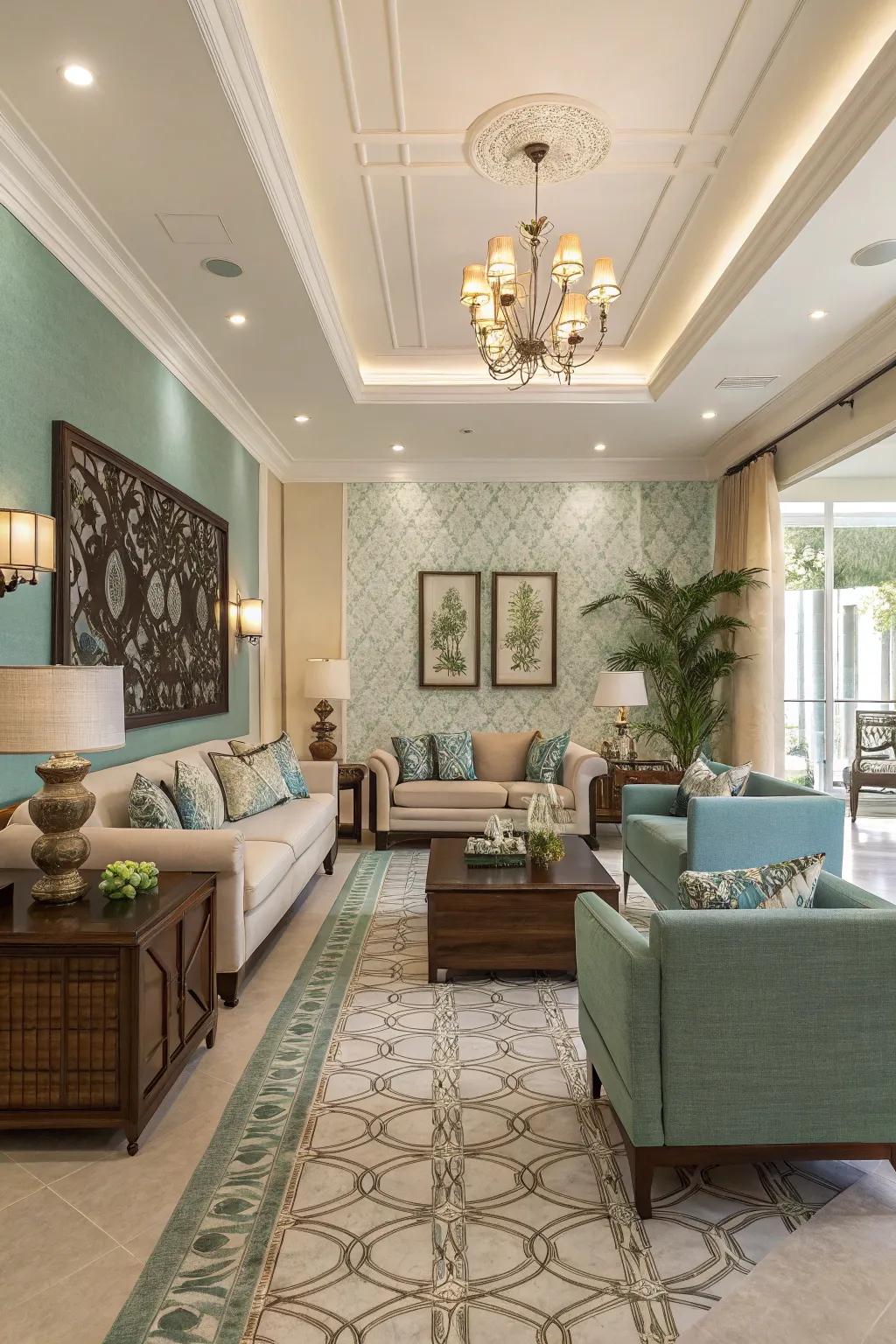 Coordinated decor enhances the unified look of the space.