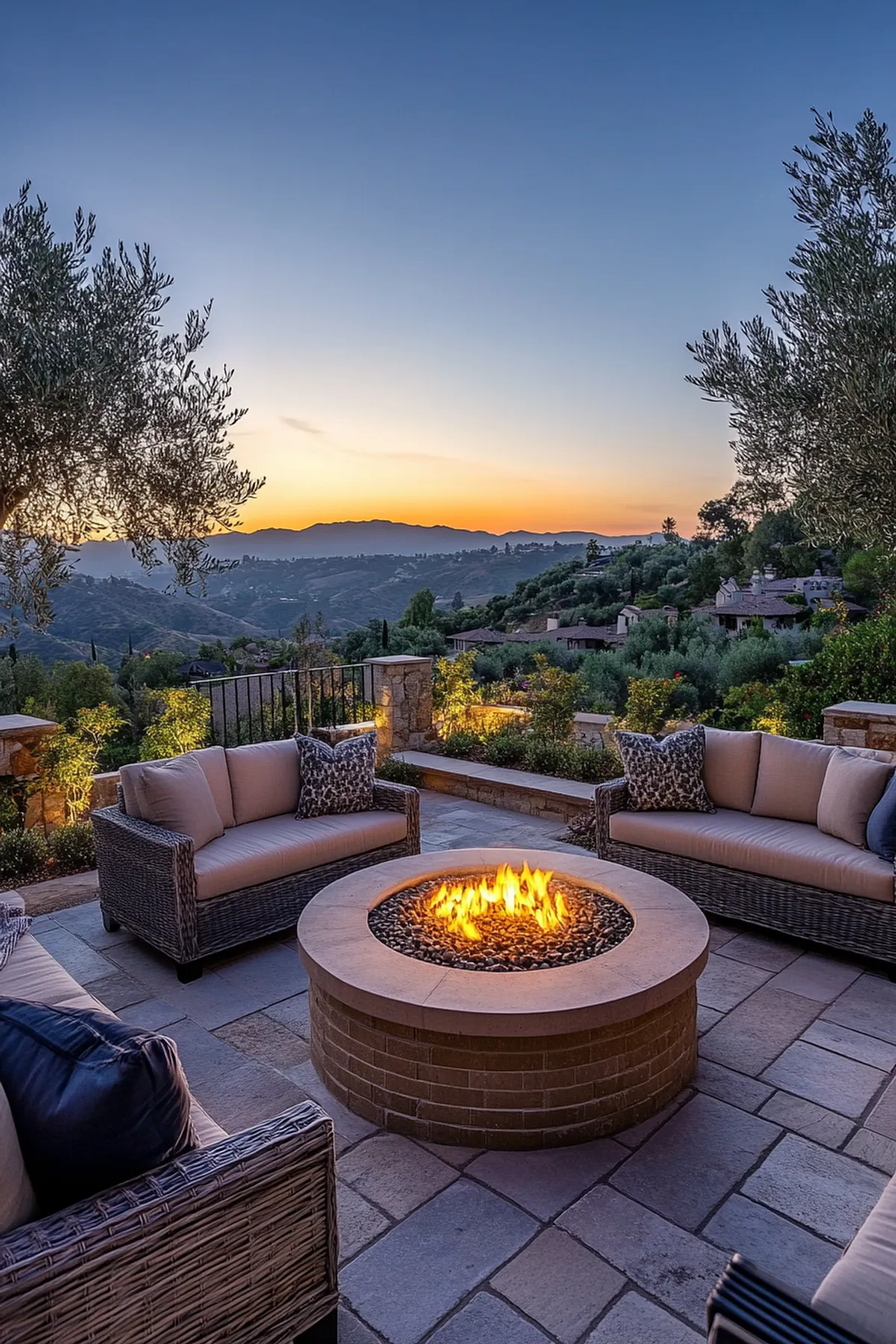 Luxurious outdoor patio with wicker sofa and chairs around a circular fire pit, overlooking rolling hills at sunset.