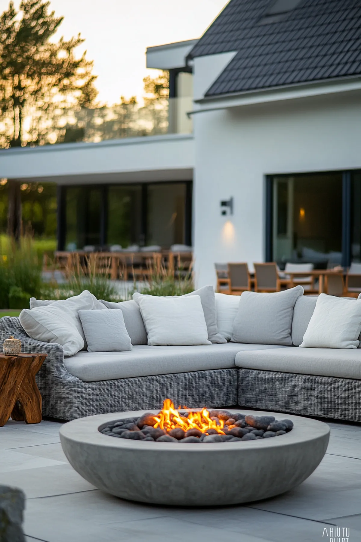 Outdoor patio with round fire pit, gray sectional sofa with white cushions, under a setting sun near a modern house.